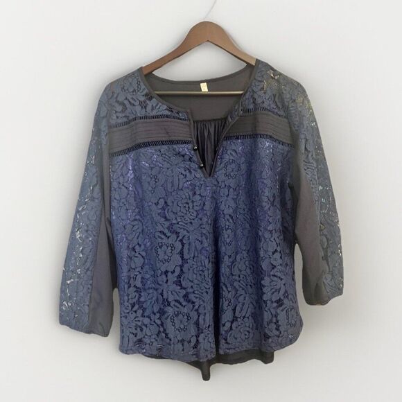 XXL Lace Midnight Blue Witchy Long Sleeve Peasant Cottagecore Top Whimsygoth   Q - Picture 1 of 4